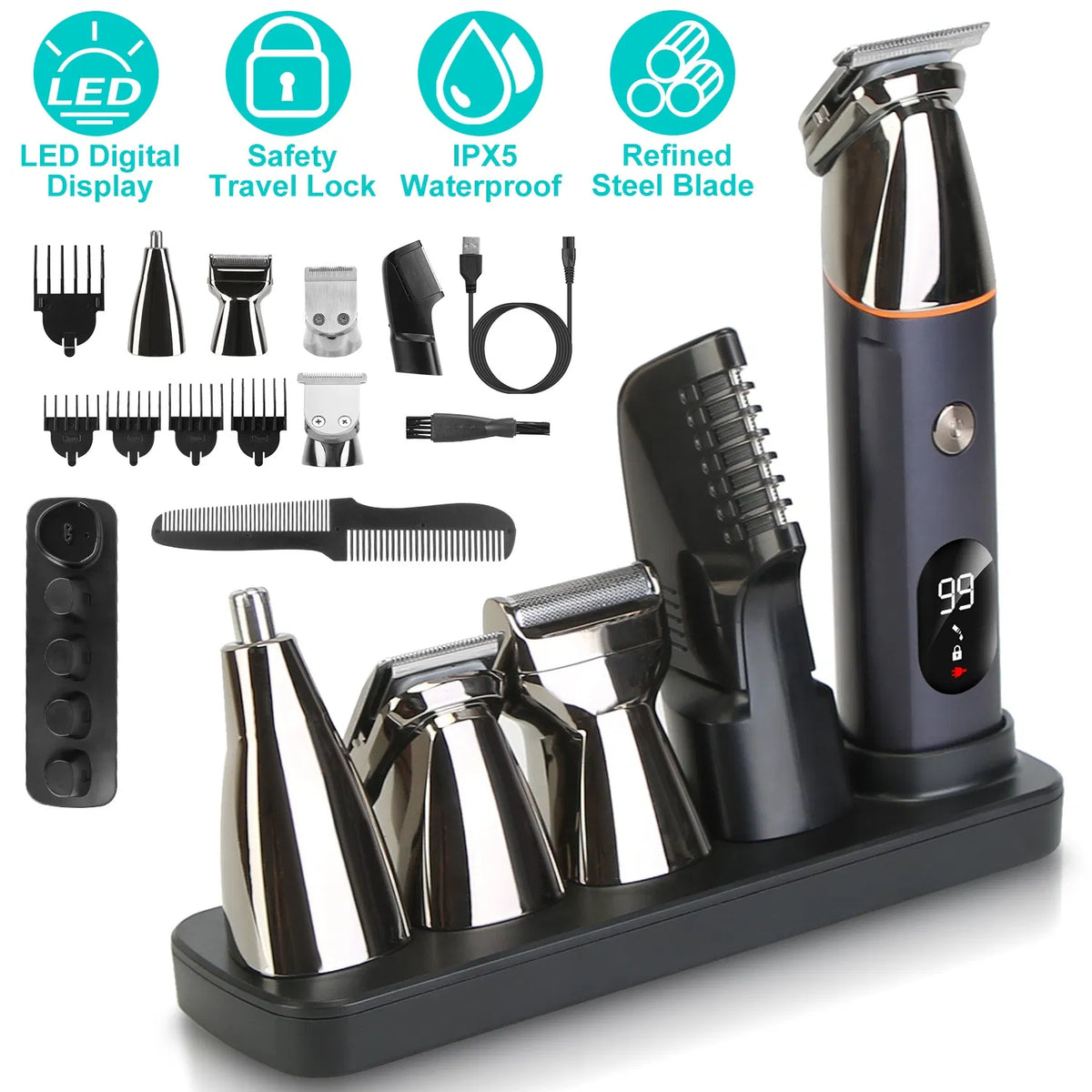The Jack 5 all-in-one grooming kit on charging dock for men